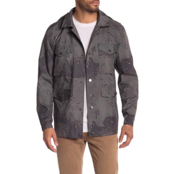 7 For All Mankind Mens Gray Camo Hooded Button Front Light Army Jacket Sz L New - Picture 1 of 9